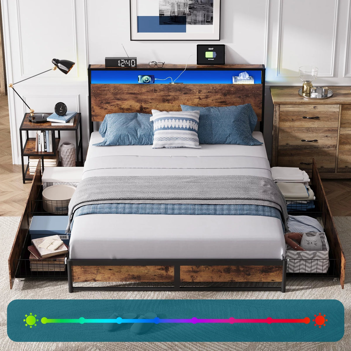 Full Size Platform Bed Frame with Storage Headboard and 4 Storage Drawers K391101