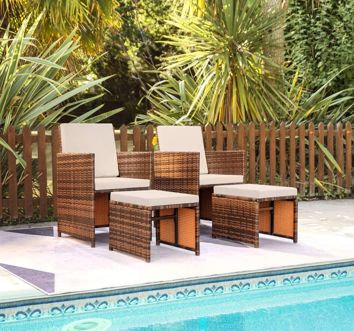 Beige 4 Piece PE Wicker Patio Furniture Set with Ottomans Z5908
