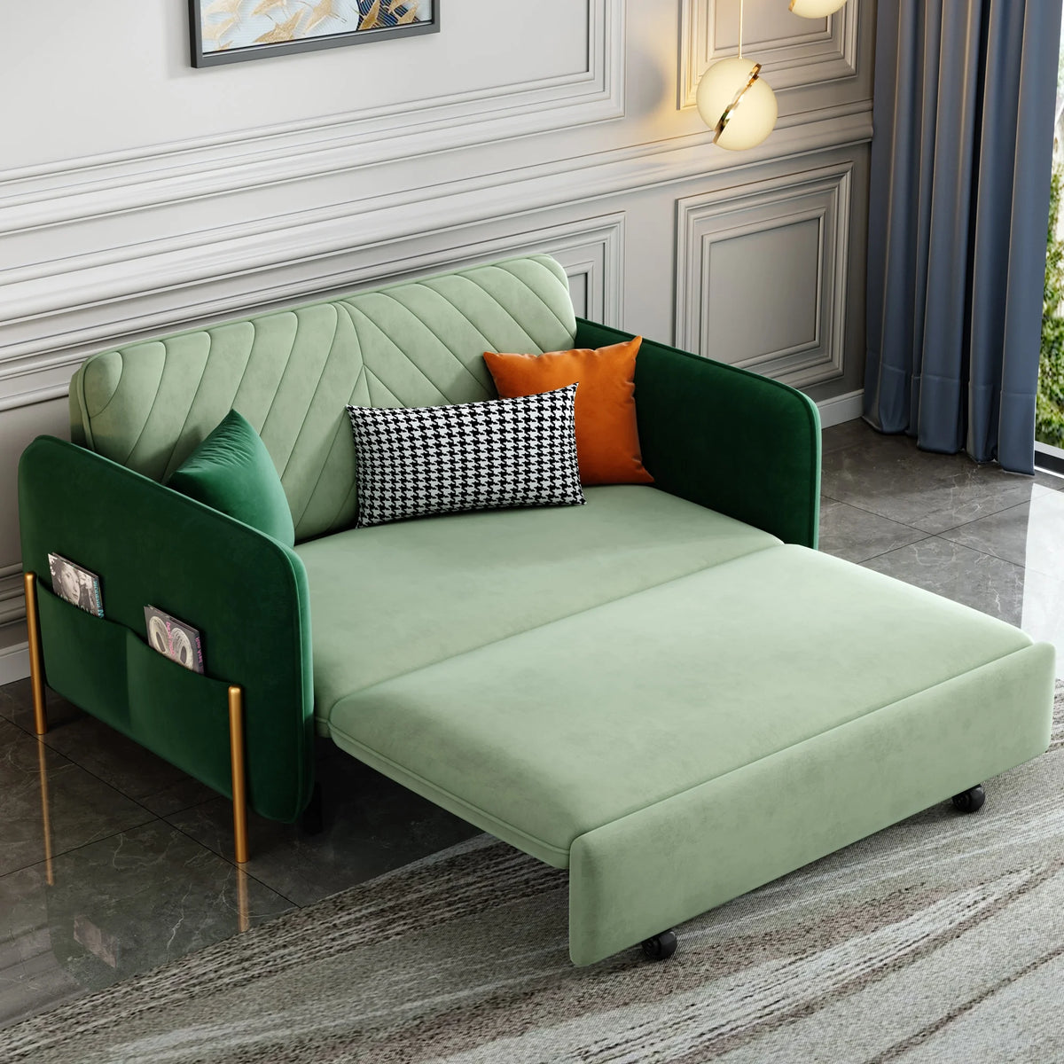 Green Velvet Convertible Sleeper Sofa R389769