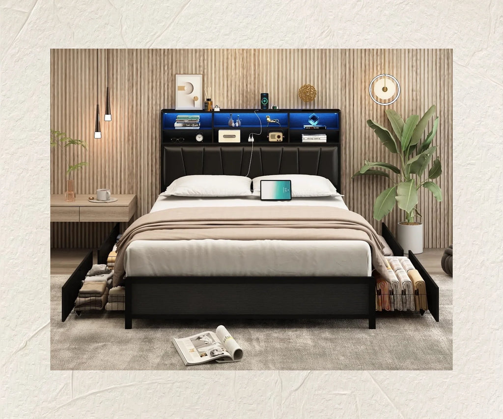 White Queen Size LED Platform Storage Bed Frame U5984