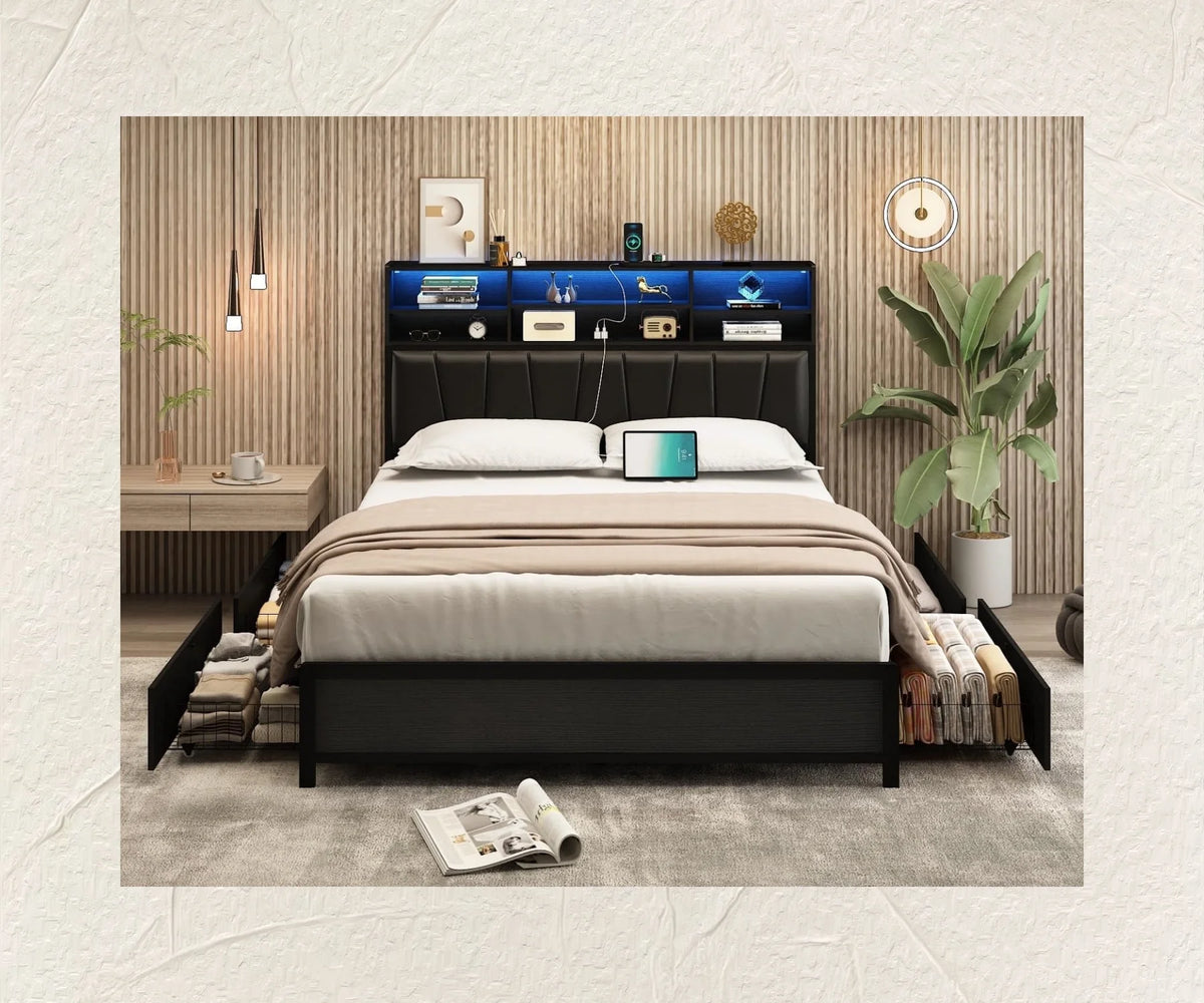White Queen Size LED Platform Storage Bed Frame U5984