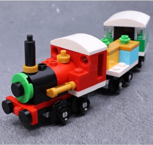 Winter Holiday Christmas Train with Locomotive, Flatbed Wagon, and Carriage (73 Pieces) V100