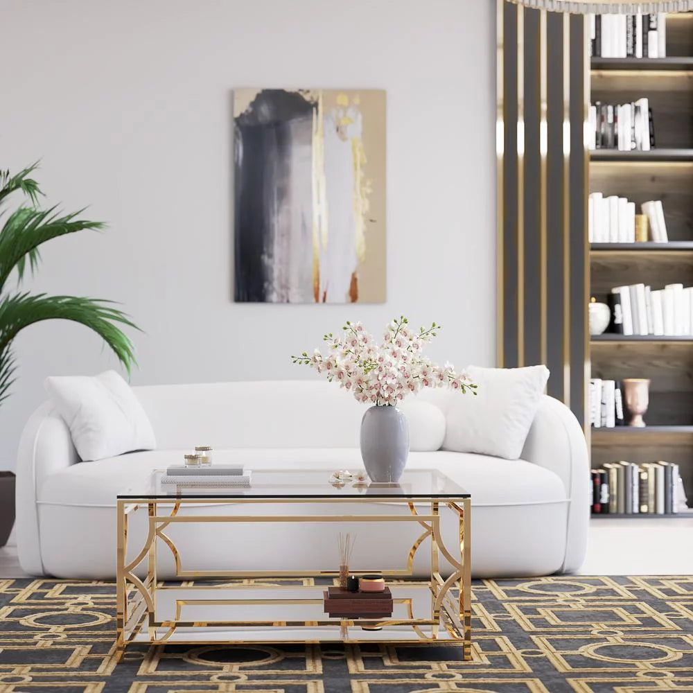 Square Metal and Glass Coffee Table in Polish Gold T123