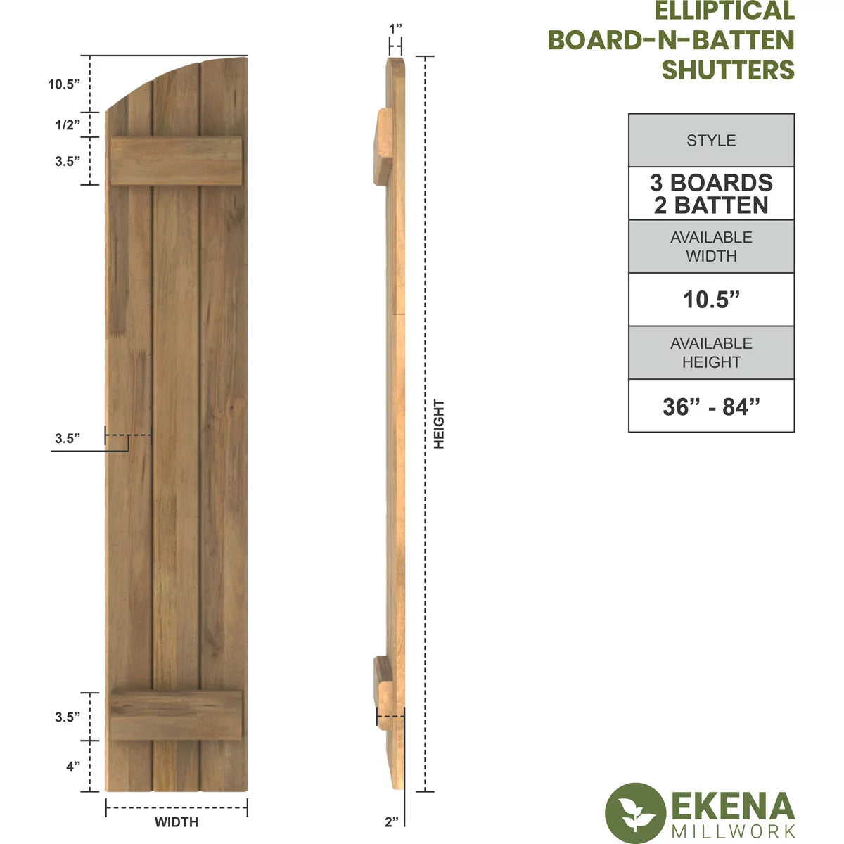 Real Wood Joined Board-n-Batten Shutters with Elliptical Top, Fire Red P360