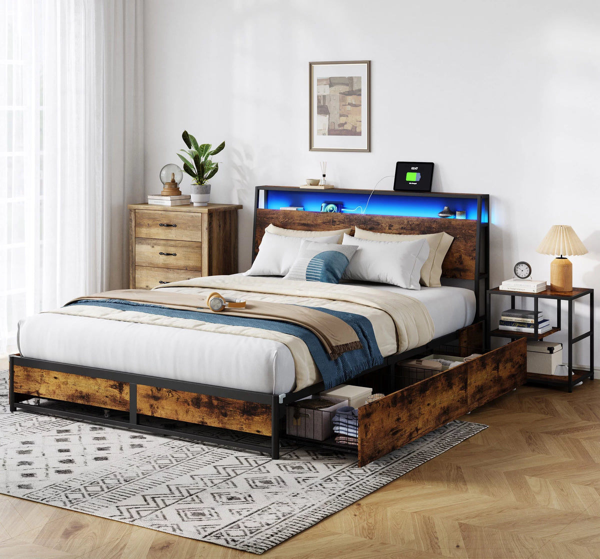 Full Size Platform Bed Frame with Storage Headboard and 4 Storage Drawers K391101
