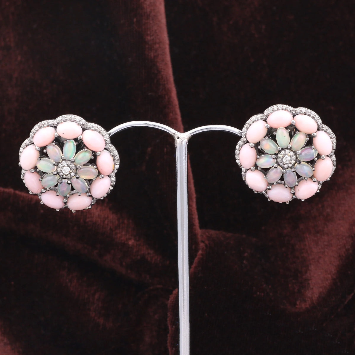 Natural Pink Opal Diamond Gemstone 925 Sterling Silver Earrings P1117