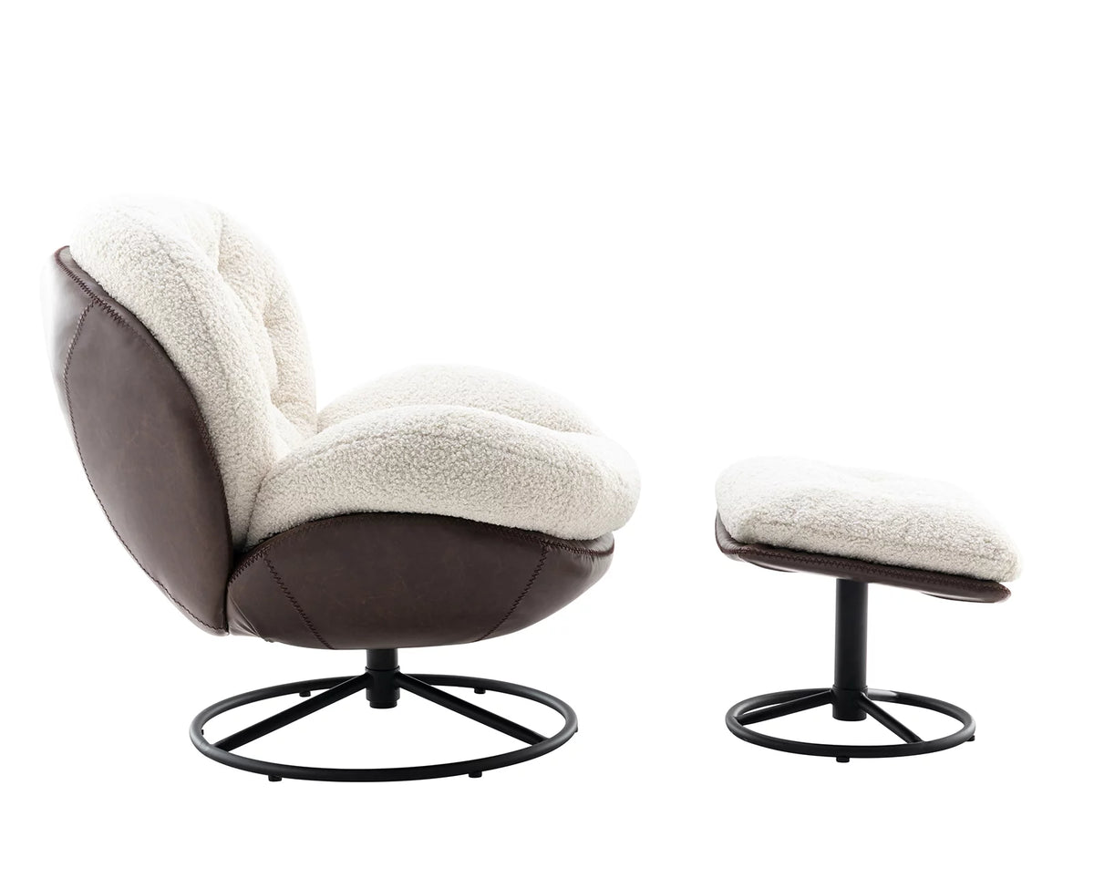 White Faux Fur Swivel Accent Chair with Ottoman P577157