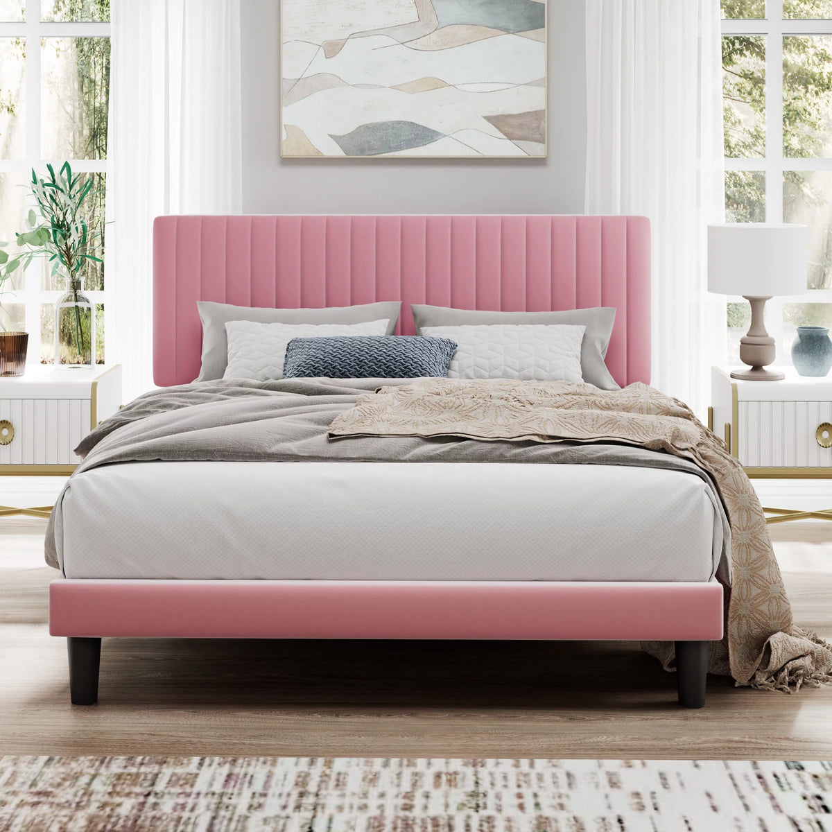 Pink Queen Size Upholstered Platform Bed Frame with Velvet Headboard F6239