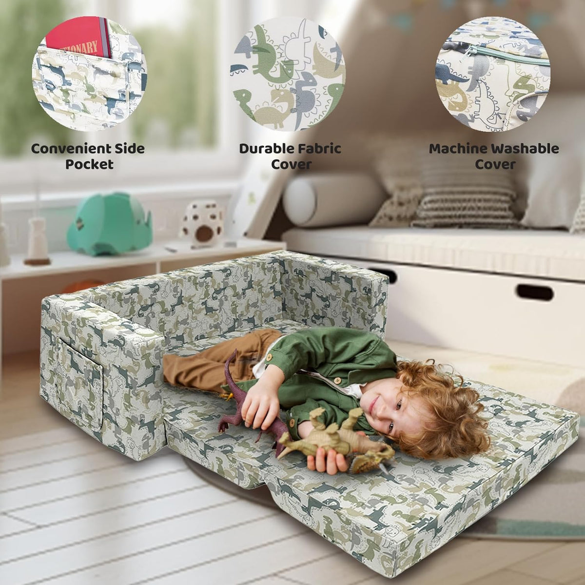 Kids Sofa 2 in 1 Flip Open Chair Sleeper with Dinosaur Print K756021