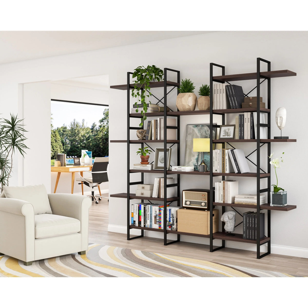 Dark Walnut 6-Tiers Industrial Bookcase H870622