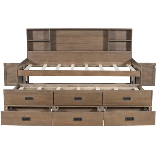 Full Size White Solid Wood Storage Daybed with Trundle Drawers Bookcase C48182