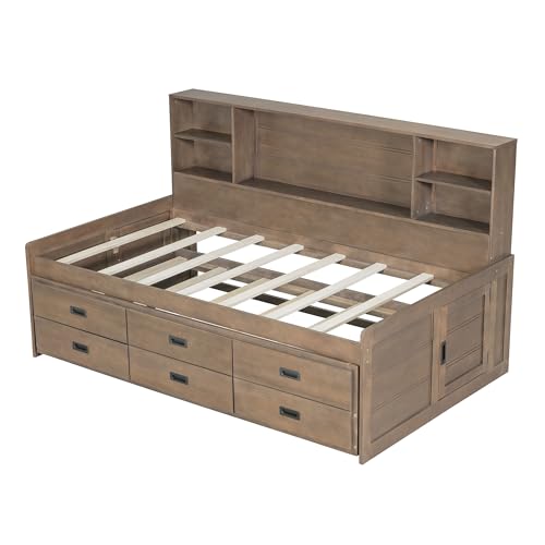 Full Size White Solid Wood Storage Daybed with Trundle Drawers Bookcase C48182
