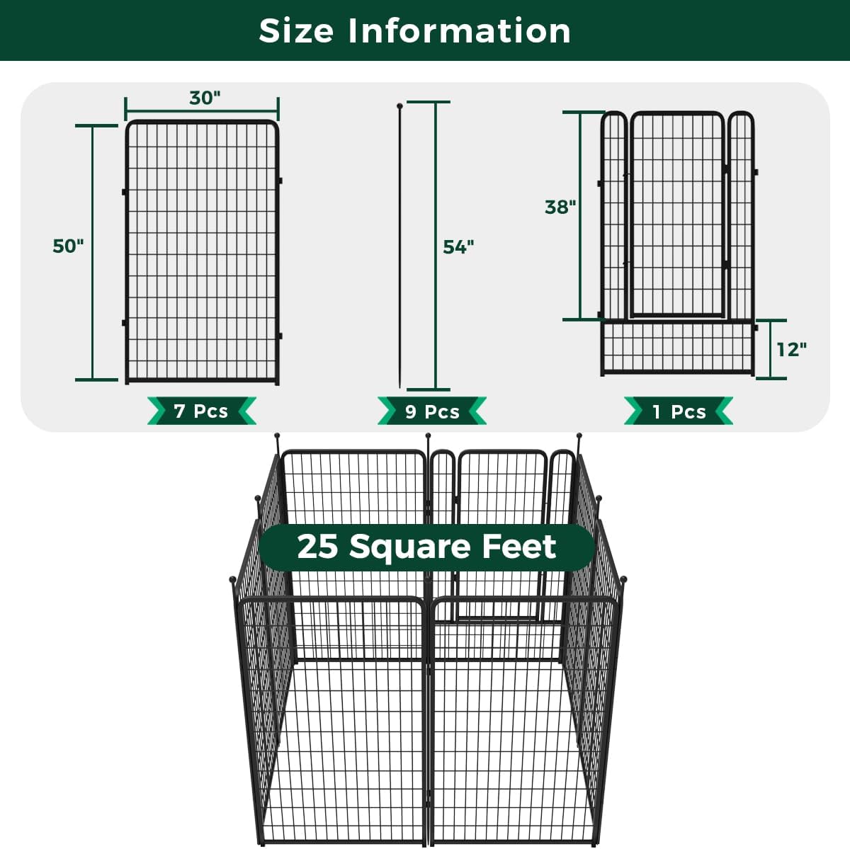 Black 7 Panels+1 Gate Metal Fence K18375
