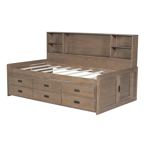 Full Size White Solid Wood Storage Daybed with Trundle Drawers Bookcase C48182