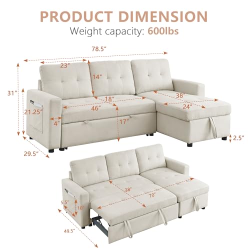 Light Gray Chenille Reversible Sleeper Sectional Sofa with Storage Chaise W4565