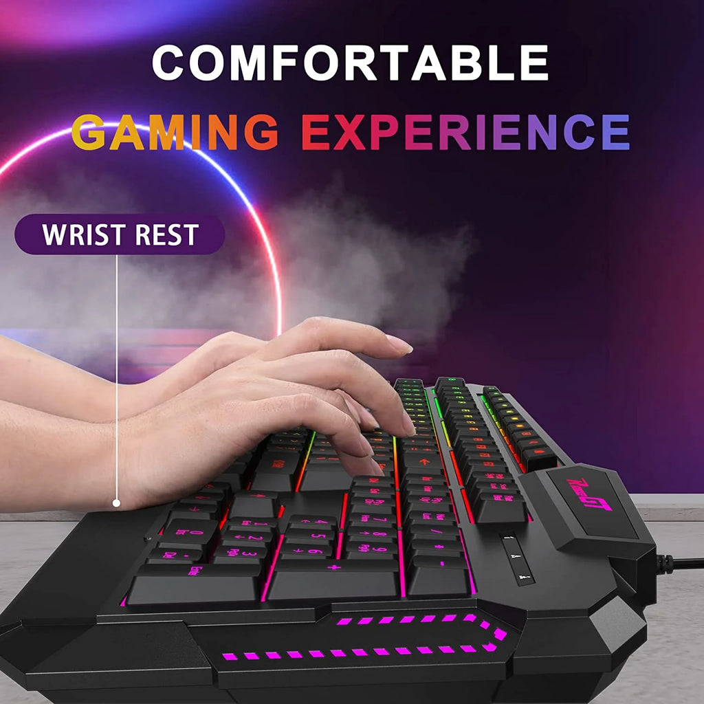 114 Keys Full Size Wired Rainbow LED Backlit Quiet Computer Keyboard with Wrist Rest Z746276