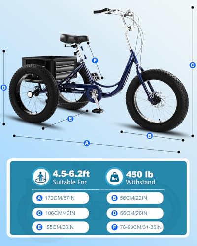 Fat Tire Adult Tricycle, Heavy-Duty 450lb All-Terrain 3-Wheel Bike, 7-Speed, XL Cargo Basket, Dual Disc Brakes J8713