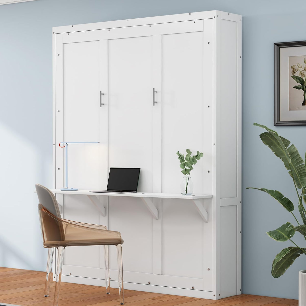 White Queen Size Murphy Bed with Desk P21755