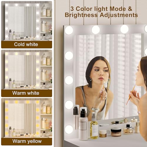 White Vanity Desk with Mirror and 12 LED Lights, 4 Drawers, Padded Stool with Storage X76785