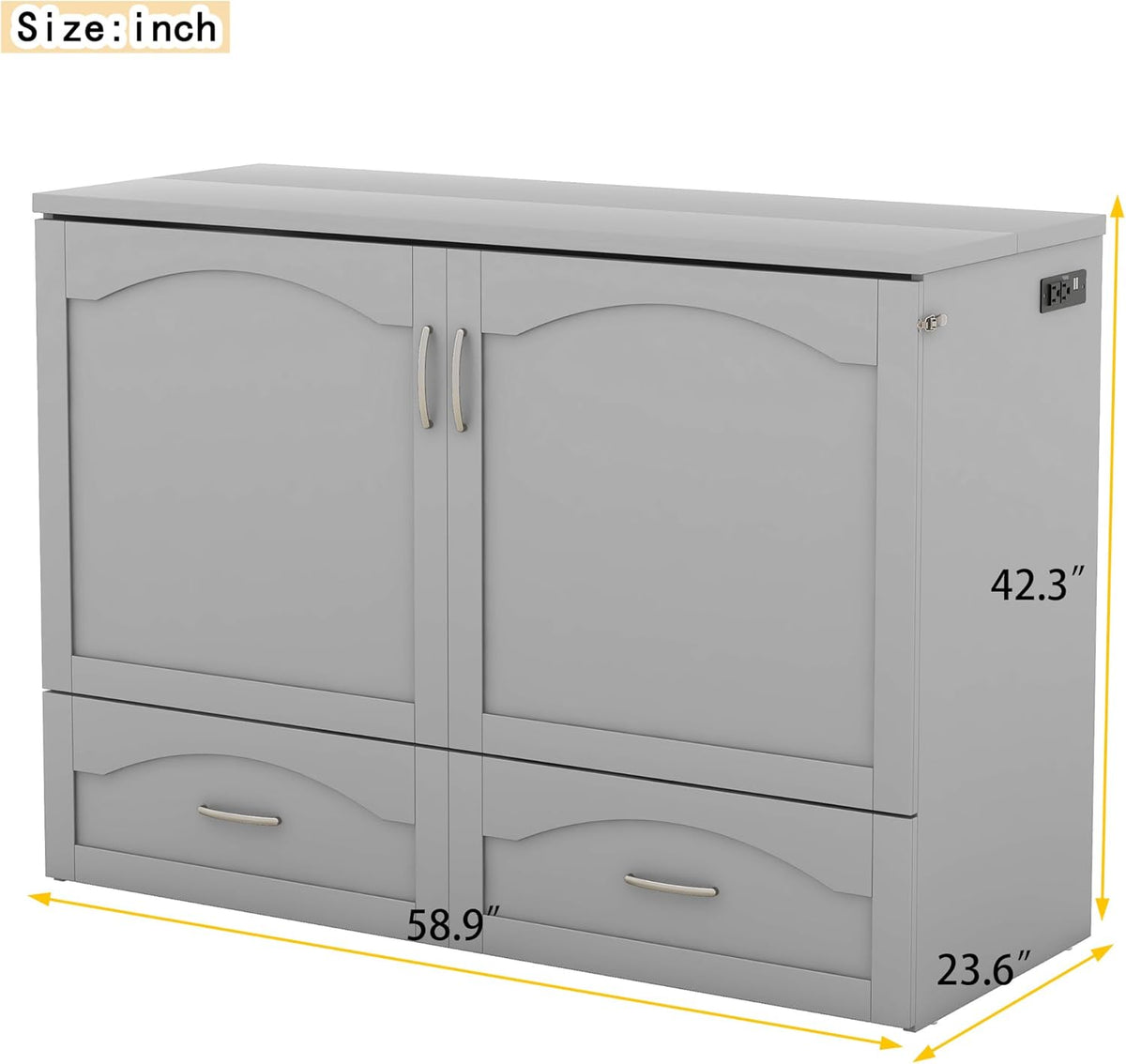 Gray Full Size Murphy Cabinet Bed with Built-in Charging Station D44794