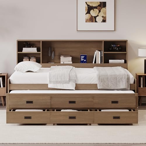 Full Size White Solid Wood Storage Daybed with Trundle Drawers Bookcase C48182
