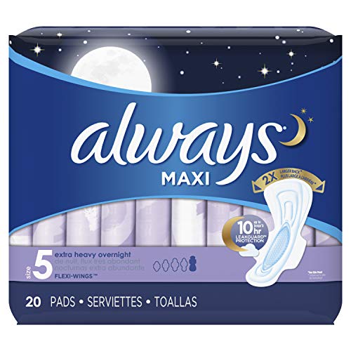 Size 5 Extra Heavy Overnight Unscented Maxi Pads with Wings, 20 Count H6873