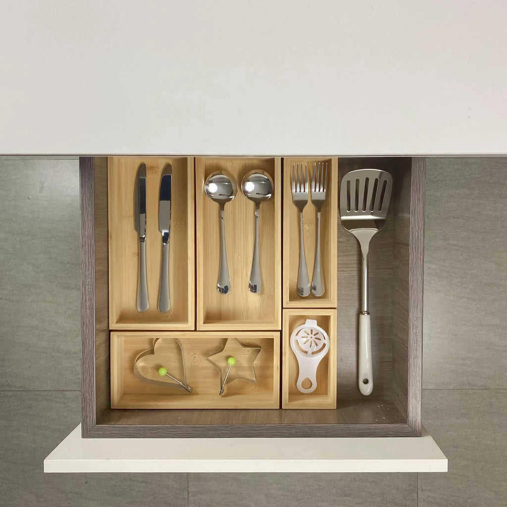 Bamboo Drawer Dividers Set, Adjustable Wooden Organizers, Stackable Trays, Brown V909376