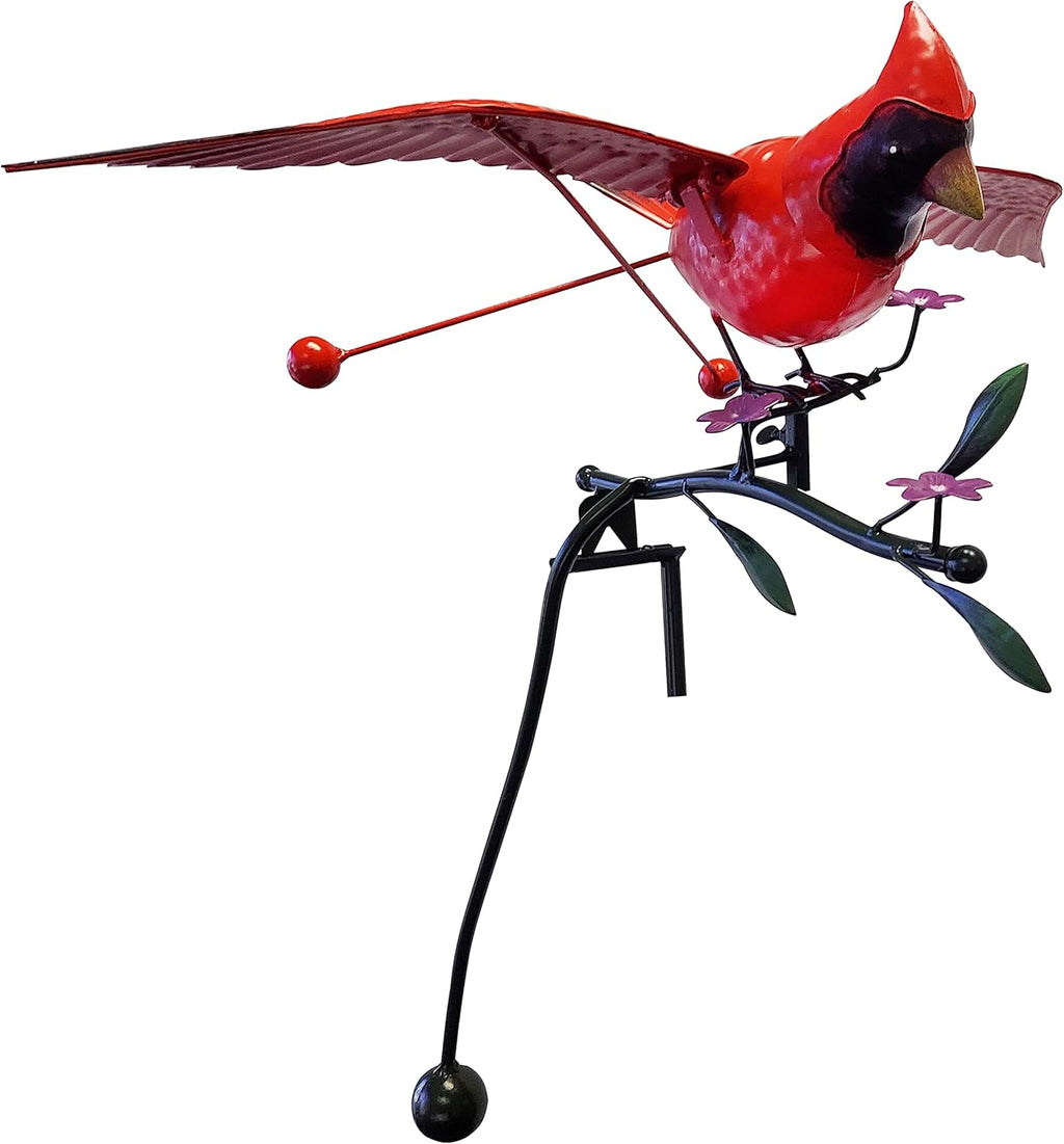Red Metal Cardinal Bird on Flower Branch Garden Stake Kinetic Wind Sculpture P94528