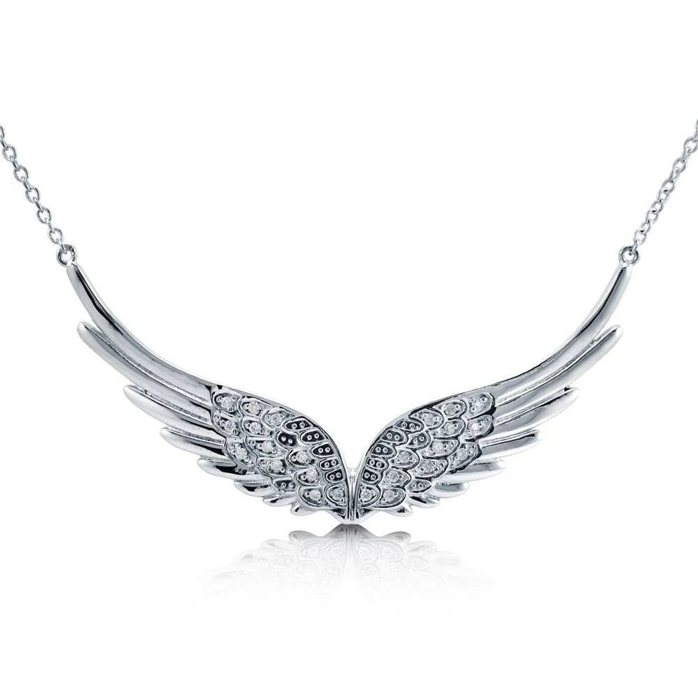 Sterling Silver Cubic Zirconia Angel Wings Pendant Necklace V717
