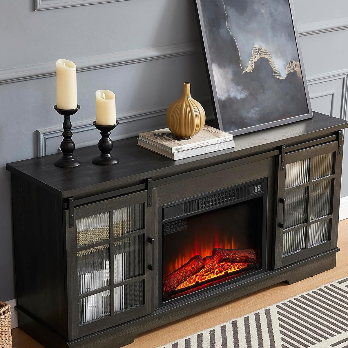 Charcoal Grey Fireplace TV Stand with Storage Drawers and Sliding Door A377293