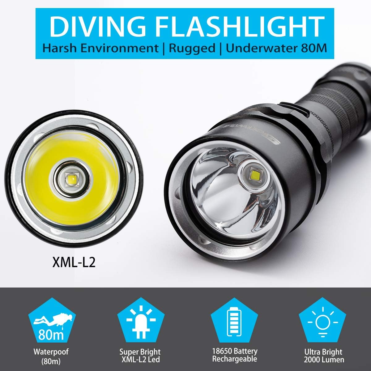 2000 Lumen Waterproof Underwater LED Dive Torch H747381