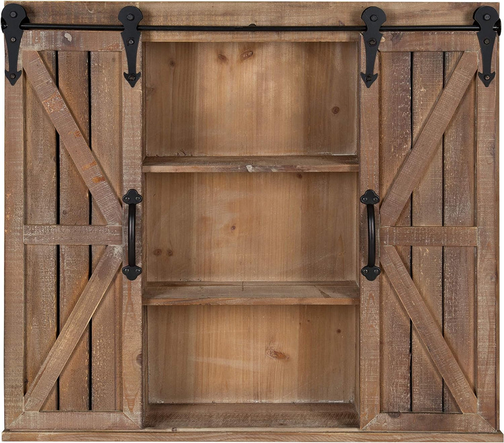 Rustic White Wood Wall Storage Cabinet with Two Sliding Barn Doors D866170