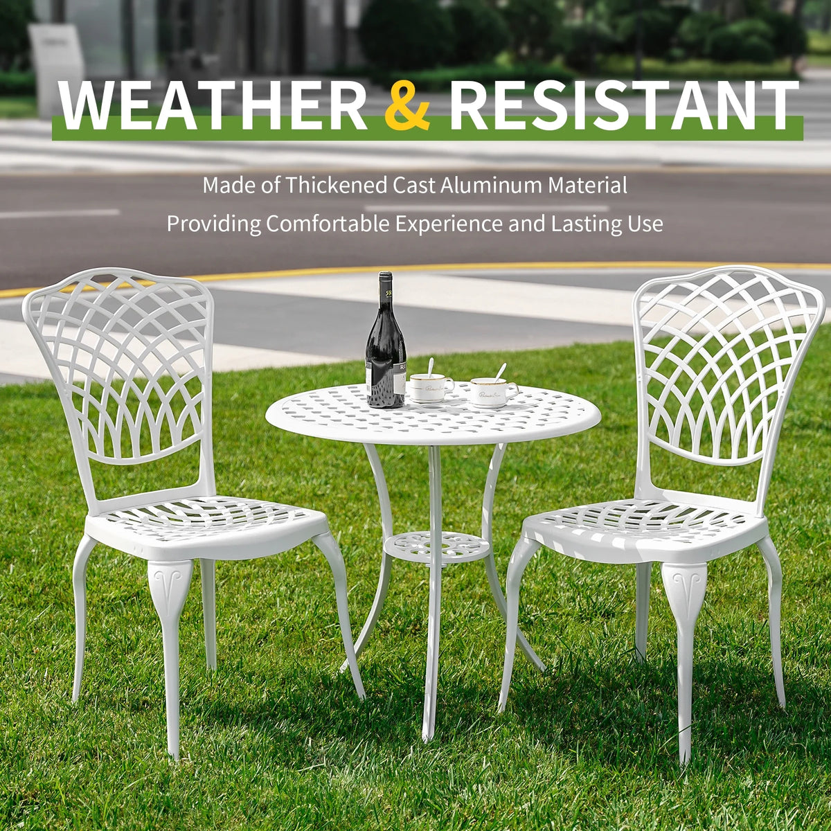 3 Piece White Patio Bistro Set with Umbrella Hole R7366
