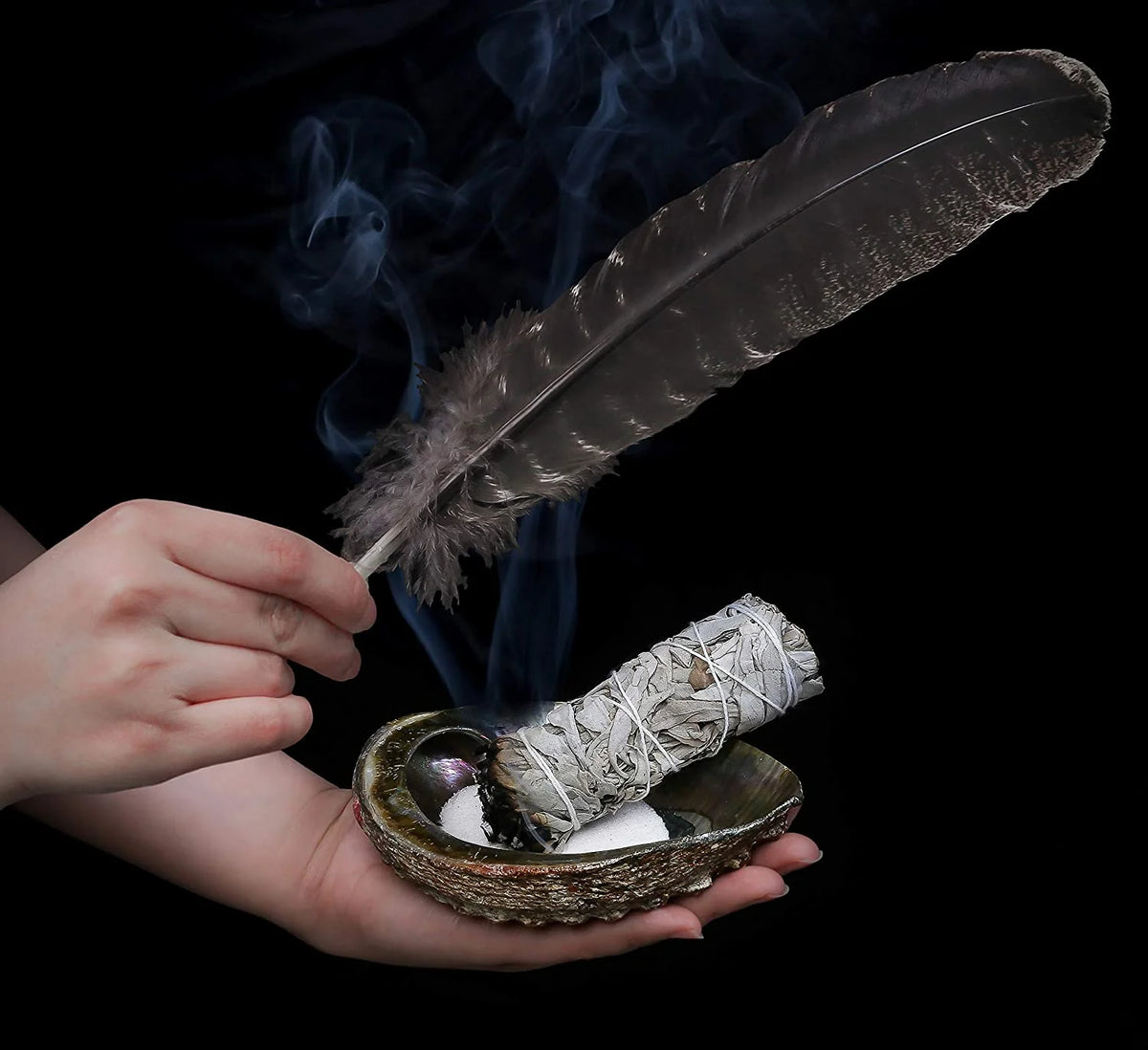 White Sage Smudge Sticks with Abalone Shell Tripod Stand Feather and White Sand N624728