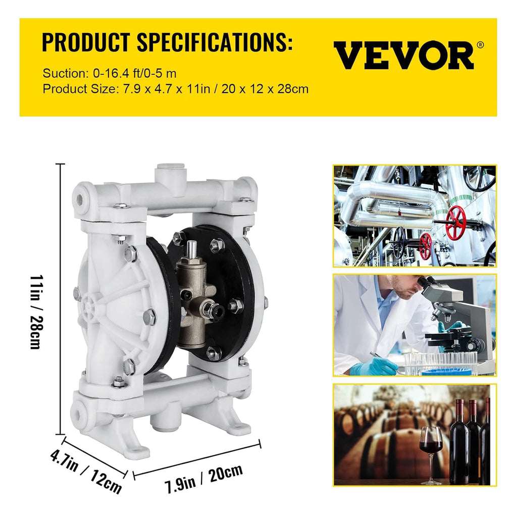 Air-Operated Double Diaphragm Pump 1/2 inch Polypropylene 13 GPM Max 100PSI C96645