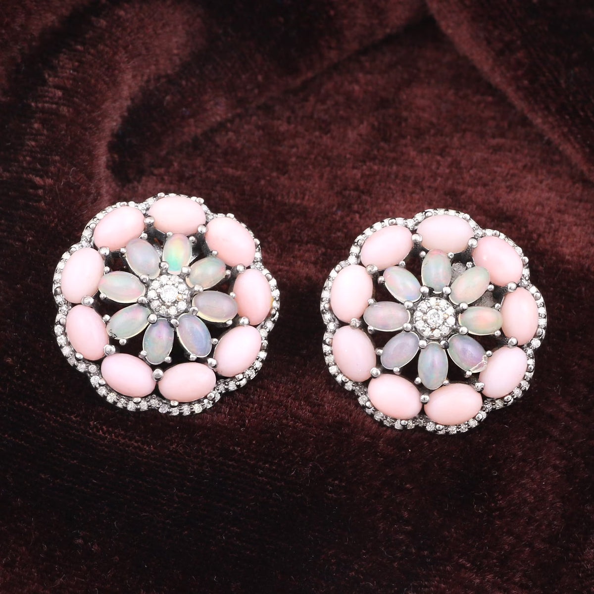 Natural Pink Opal Diamond Gemstone 925 Sterling Silver Earrings P1117