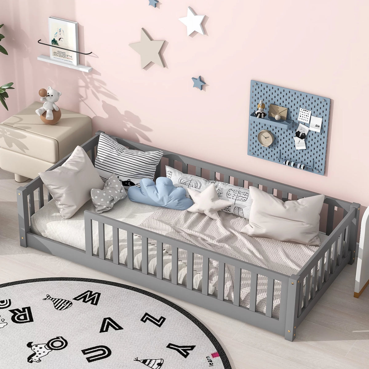 Twin Size Floor Bed with Safety Guardrails V1151