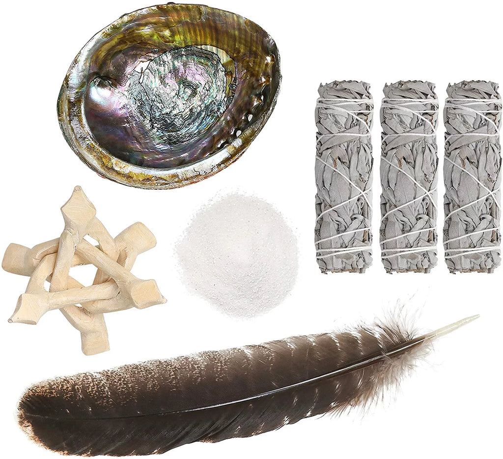 White Sage Smudge Sticks with Abalone Shell Tripod Stand Feather and White Sand N624728