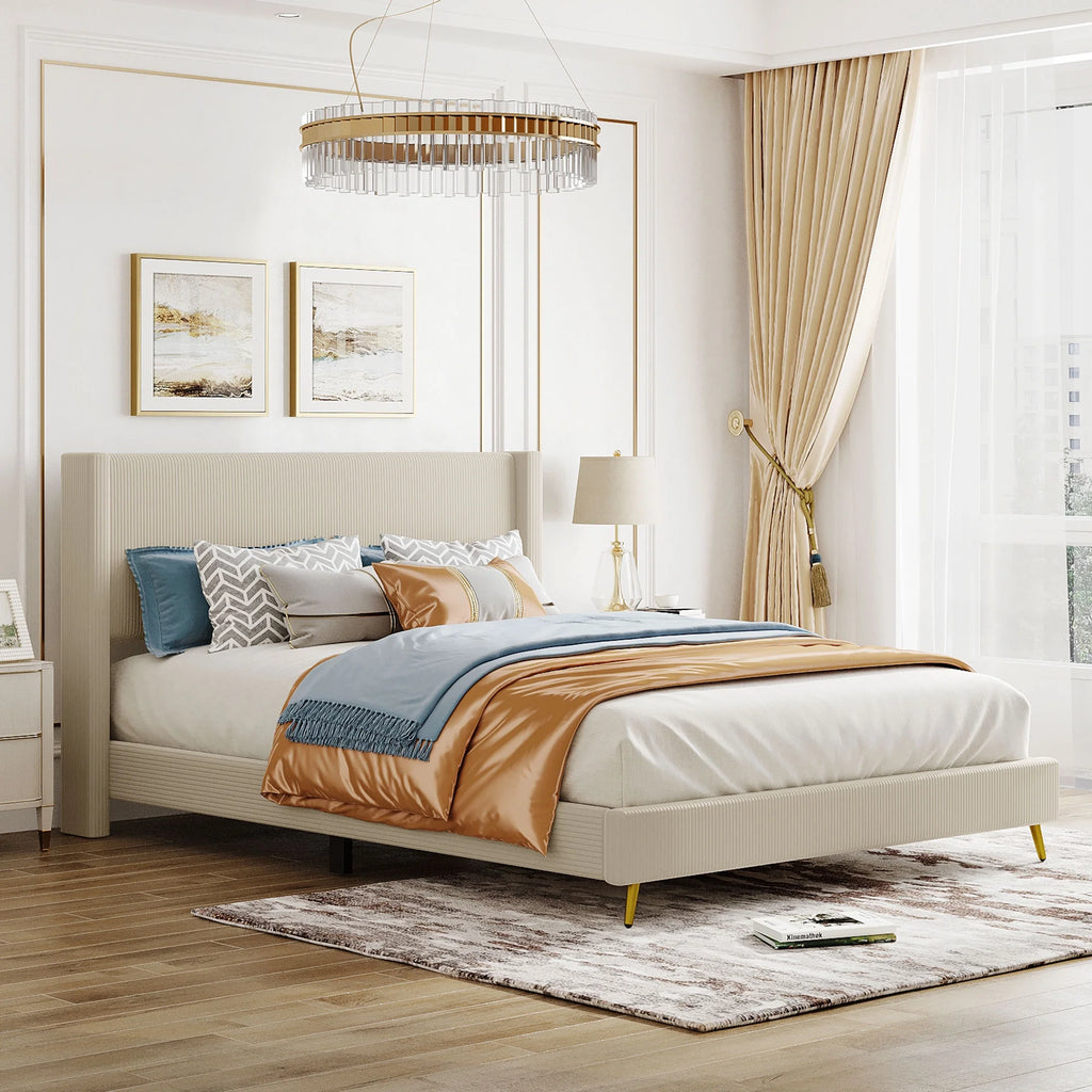 Queen Size Beige Corduroy Upholstered Platform Bed Frame with Wingback Headboard V702
