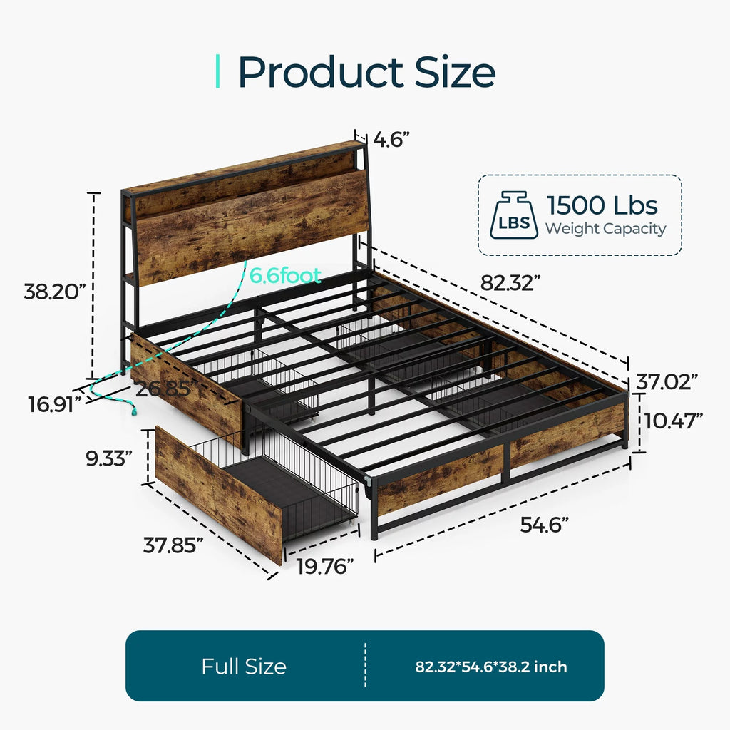 Full Size Platform Bed Frame with Storage Headboard and 4 Storage Drawers K391101