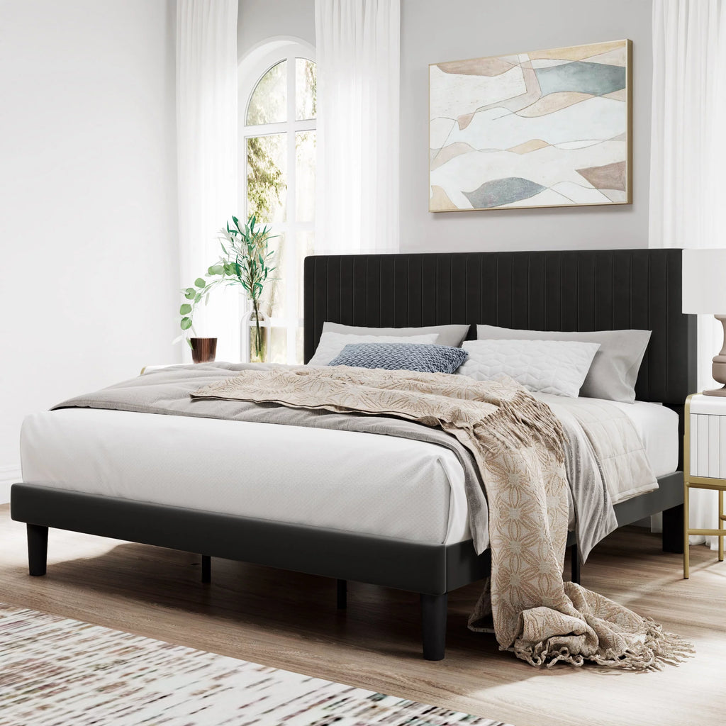 Pink Queen Size Upholstered Platform Bed Frame with Velvet Headboard F6239