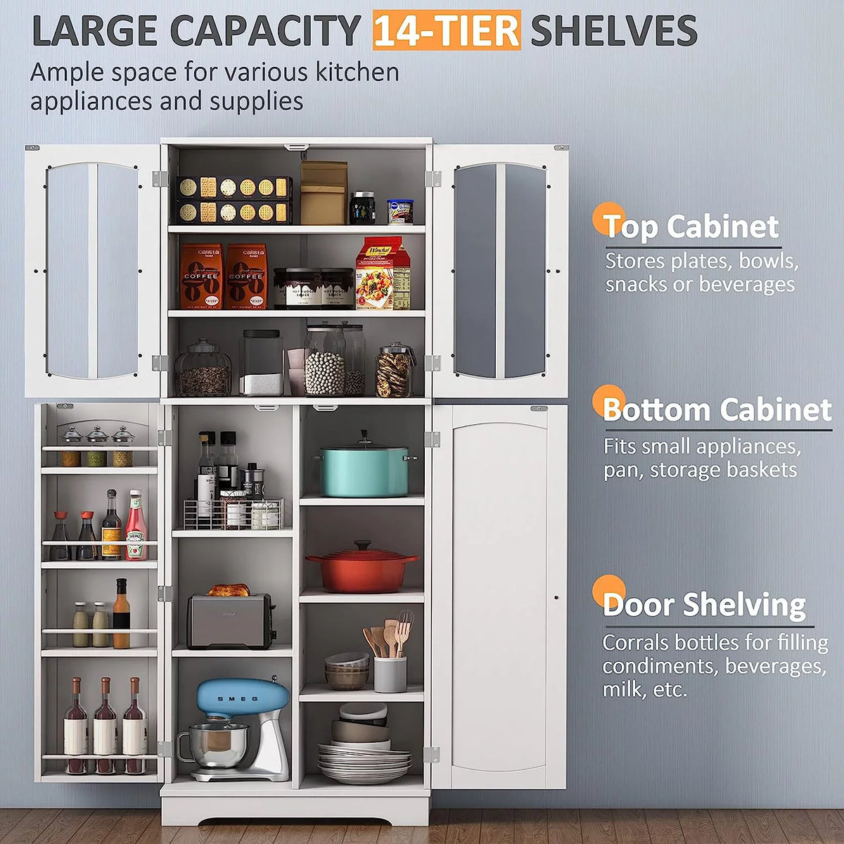White Wood Kitchen Pantry Storage Cabinet with Doors and Shelves M251