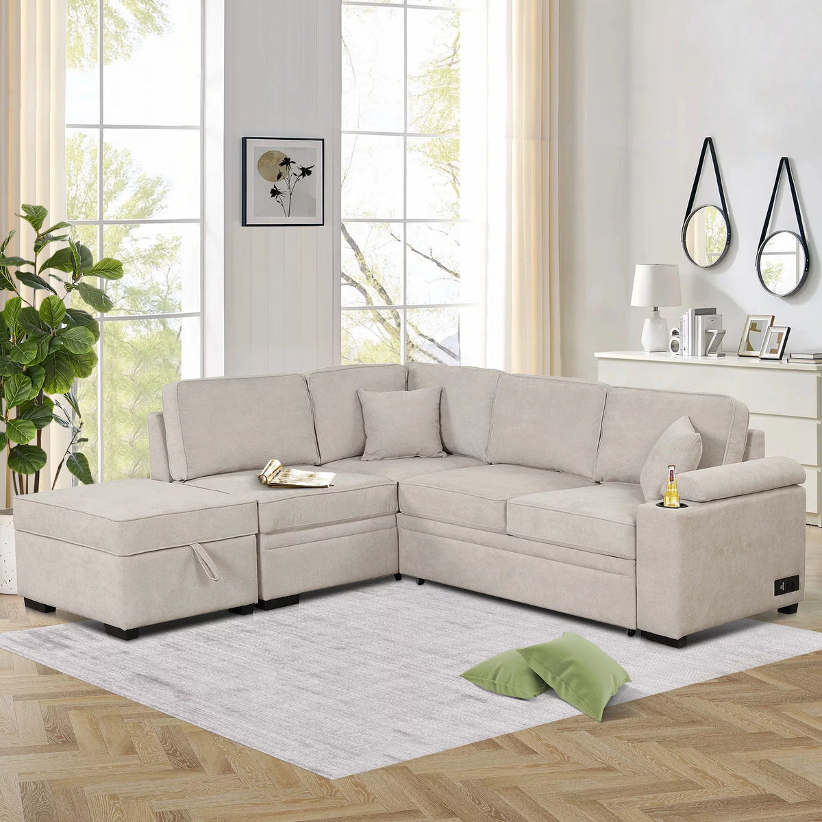 Beige L Shape Sleeper Sofa Bed with Storage Ottoman I5896