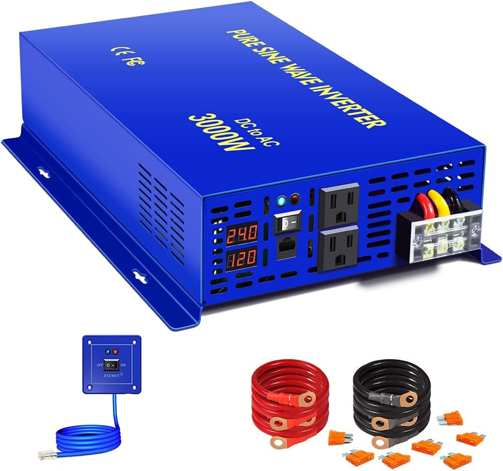 3000W Pure Sine Wave Power Inverter 24V DC to AC 120V with 15ft Cable Remote Switch Controller T67304