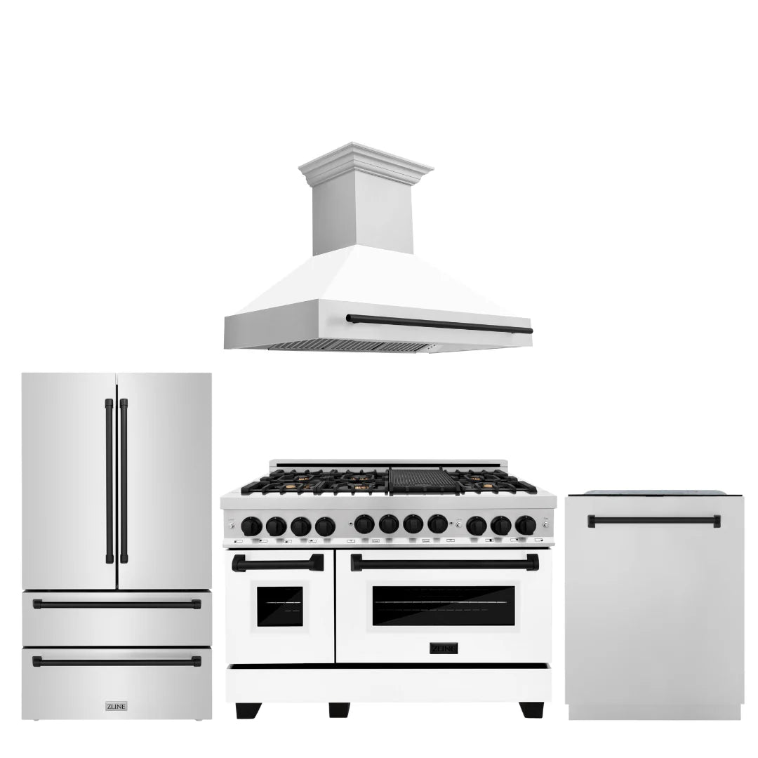 48 In. Gas Range, Range Hood, Refrigerator, Dishwasher with Matte Black Accents B778645