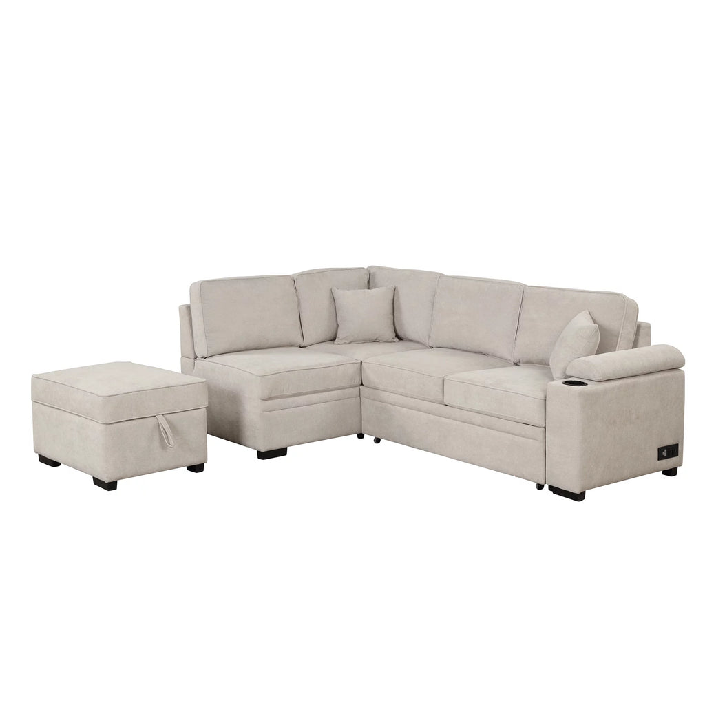 Beige L Shape Sleeper Sofa Bed with Storage Ottoman I5896