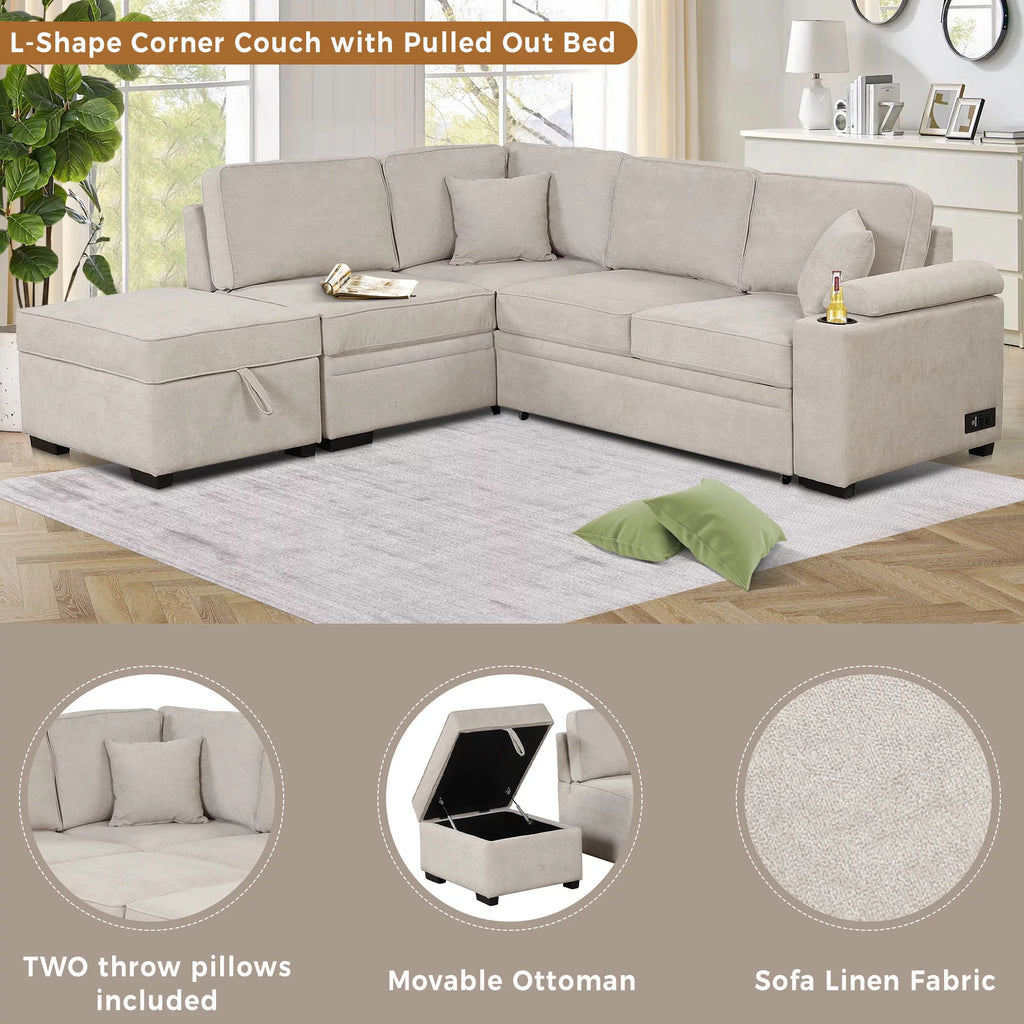 Beige L Shape Sleeper Sofa Bed with Storage Ottoman I5896