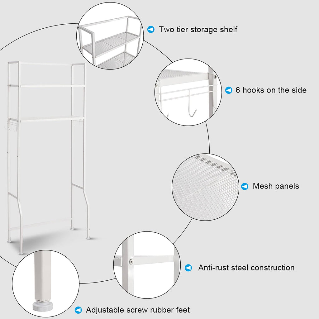 Over-the-Toilet Storage Bathroom Shelf with 2 Tier Rack - Oak Finish - White J979