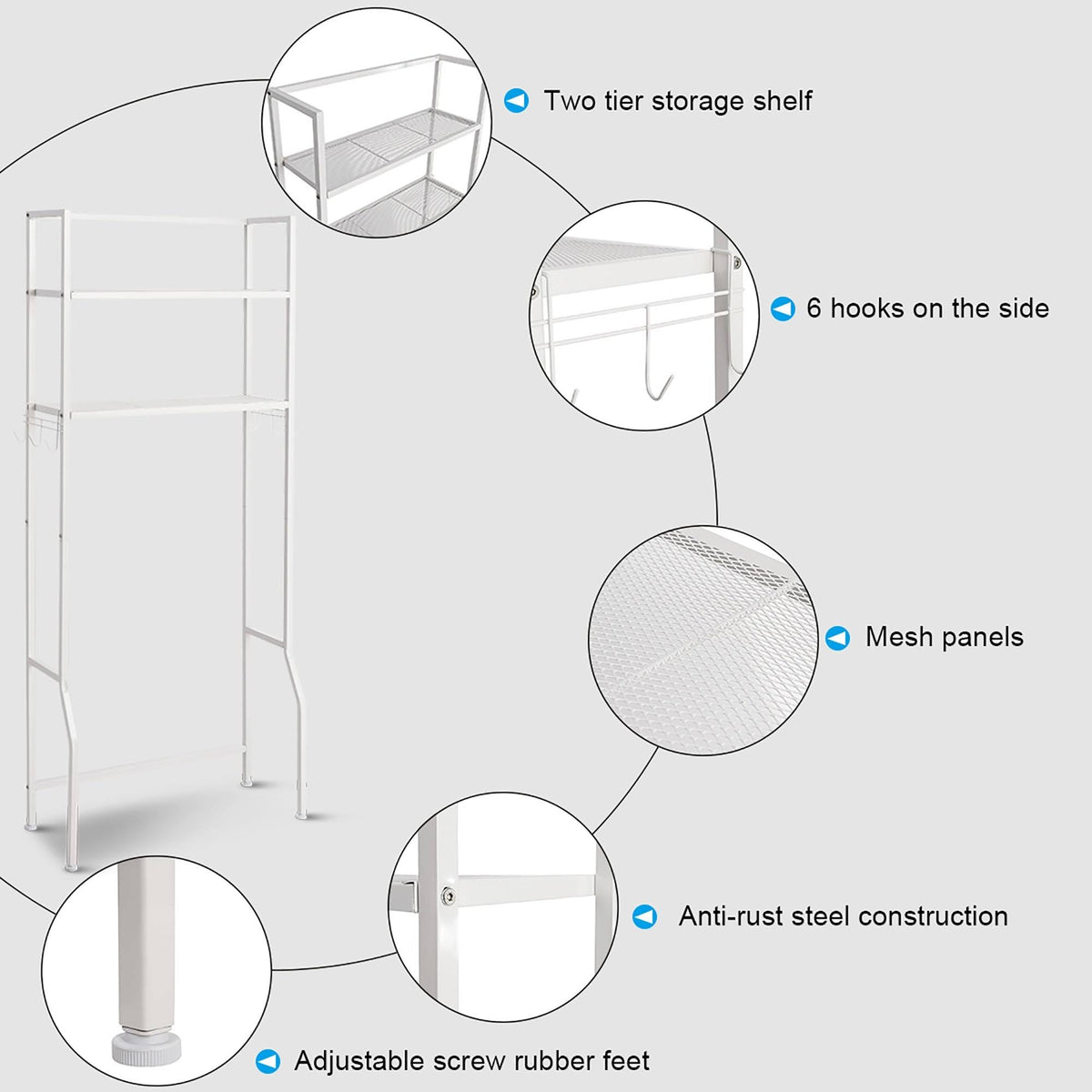 Over-the-Toilet Storage Bathroom Shelf with 2 Tier Rack - Oak Finish - White J979