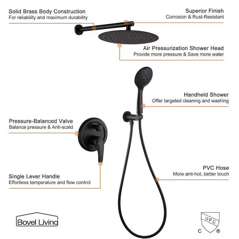 12 in. Wall Mount Dual Shower Heads with Valve in Matte Black G238